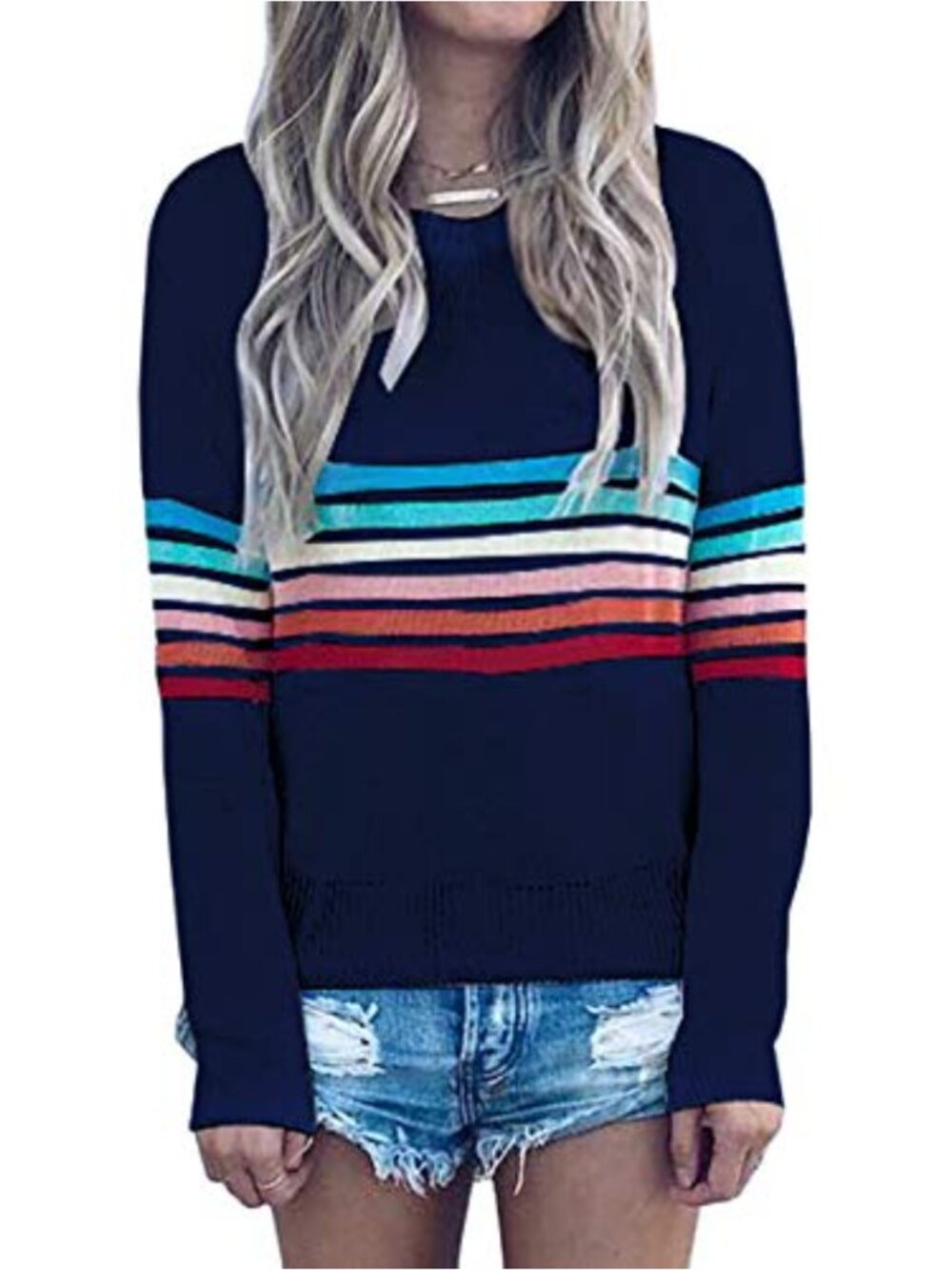 ECOWISH Women's Sweater Rainbow Striped Long Sleeve Crew Neck Pullover Blouse
